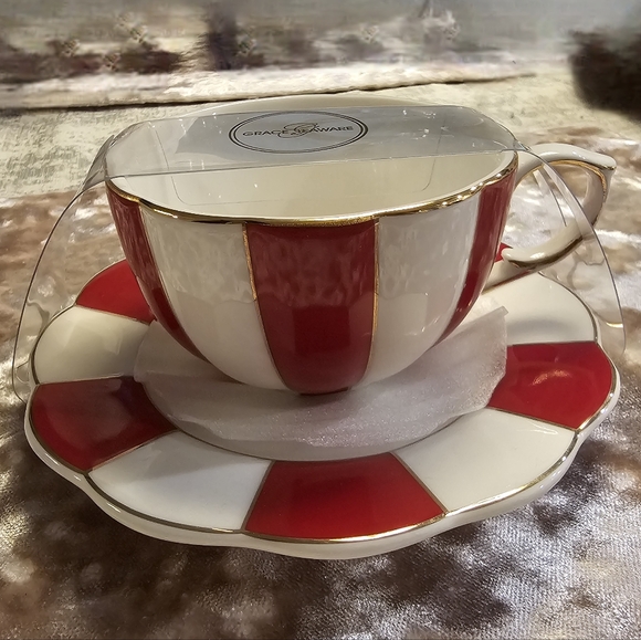 Grace Other - Grace Red and White Teacup and Saucer Set NEW